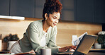 Smile, woman and laptop in home with document, application and online for finance loan. Female person, typing and pc at house with paperwork, mortgage payment and compliance form for household bills
