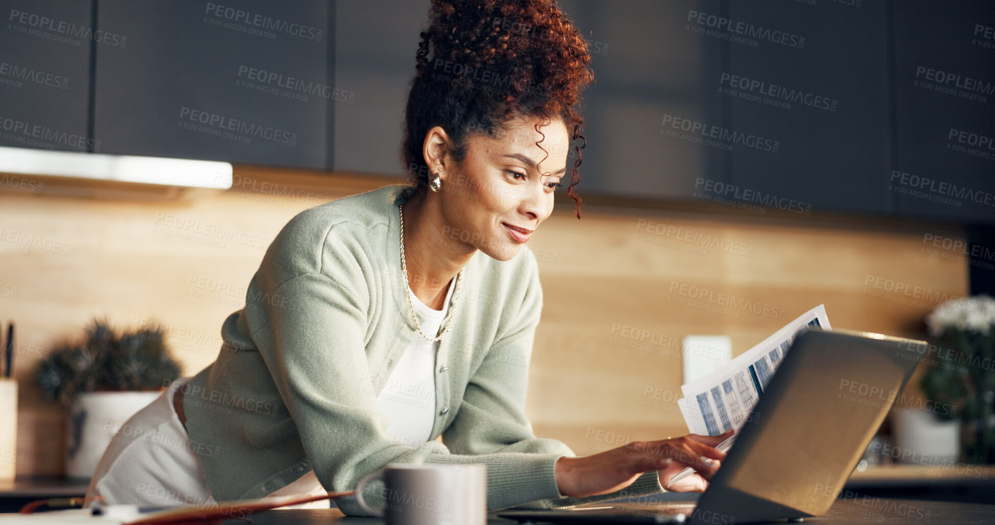 Buy stock photo Smile, woman and laptop in home with document, application and online for finance loan. Female person, typing and pc at house with paperwork, mortgage payment and compliance form for household bills
