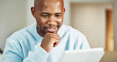 Buy stock photo Tablet, planning and black man in home with remote work for research on frontend development. Thinking, digital technology and African software engineer with creative project for freelance career.