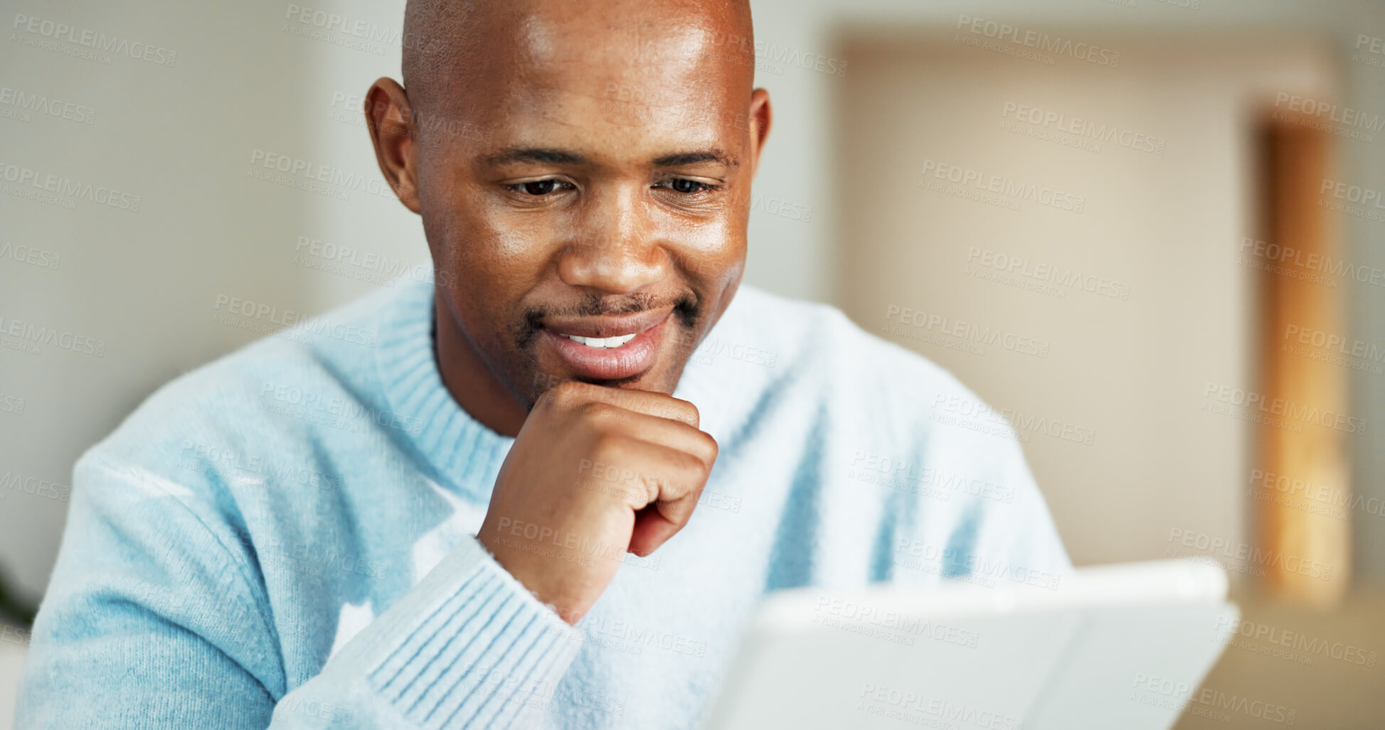 Buy stock photo Tablet, planning and black man in home with remote work for research on frontend development. Thinking, digital technology and African software engineer with creative project for freelance career.