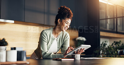 Buy stock photo Finance, woman and happy with tablet in kitchen for insurance payout, loyalty reward or review. Budgeting, african person and smile with tech in home for positive credit score, tax refund or cashback