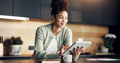 Buy stock photo Finance, woman and smile with tablet in kitchen for insurance payout, loyalty reward or review. Budgeting, african person and happy with tech in home for positive credit score, tax refund or cashback