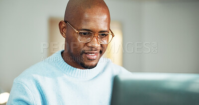 Buy stock photo Review, smile or black man with laptop for remote work, accounting audit or internal risk evaluation. Reading, freelancer and financial controller with check for compliance policy, computer and home