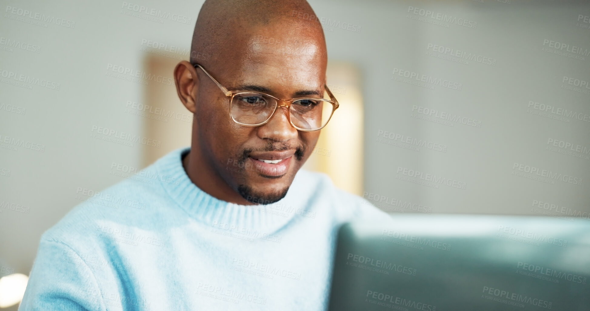 Buy stock photo Review, smile or black man with laptop for remote work, accounting audit or internal risk evaluation. Reading, freelancer and financial controller with check for compliance policy, computer and home
