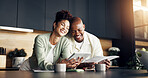 Finance, paperwork or happy couple with tablet in home for loan settlement, budget goal or pride. Marriage, african people and documents with tech for credit balance, debt free or financial security