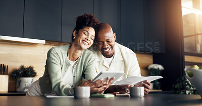 Buy stock photo Finance, paperwork or happy couple with tablet in home for loan settlement, budget goal or pride. Marriage, african people and documents with tech for credit balance, debt free or financial security