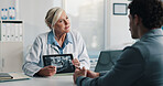 Tablet screen, radiology and doctor with woman in hospital with consultation for medical diagnosis. Discussion, digital technology and healthcare worker with female patient for xray scan in clinic.