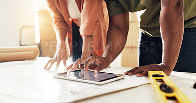 Buy stock photo Tablet, blueprint and hands of people in new home with planning for renovation, building or repairs. Digital technology, draft and construction worker with woman for maintenance approval in house.