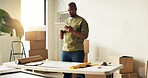 Man, tablet and reading in new home for remodeling, interior planning and research for ideas. Black person, tech and blueprint in apartment for renovation, revamping project and app for inspiration