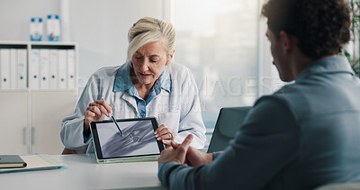 Buy stock photo Tablet screen, scan and doctor with man in hospital with consultation for medical diagnosis. Discussion, digital technology and healthcare worker with male patient for radiology xray in clinic.