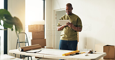 Buy stock photo Man, tablet and happy in new home for remodeling, interior planning and research for ideas. Black person, tech and blueprint in apartment for renovation, revamping project and reading for inspiration