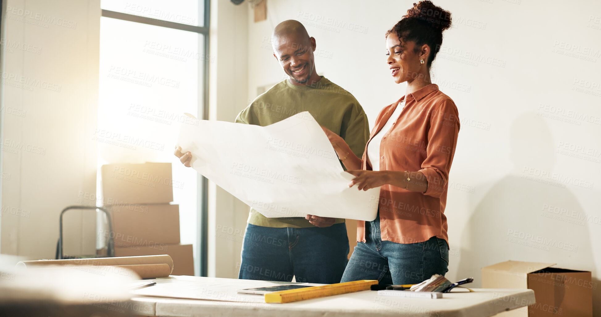 Buy stock photo Blueprint, boxes and interior design with couple in new home together for diy project or renovation. Floor plan, smile and talking with homeowner people in apartment for development or improvement
