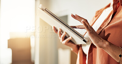 Buy stock photo Tablet, scrolling and hands of woman in new home with online shopping for order with renovation. Digital technology, reading and female person with real estate contract in living room at apartment.