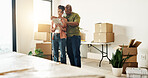 Boxes, interior design and tablet with couple in new home together for diy project or renovation. App, conversation and planning with homeowner people in apartment for development or improvement