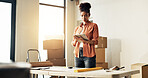 Boxes, interior design and tablet with woman in new home for diy project or property renovation. App, planning and research with homeowner in apartment for development, improvement or investment