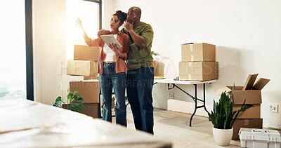 Buy stock photo Couple, tablet and thinking in new home for remodeling, interior design and research for ideas. African people, tech and discussion in apartment with brainstorming, renovation and planning with app
