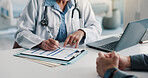Clipboard, writing and hands of doctor with man in hospital for discussion on medical diagnosis. Documents, consultation and healthcare worker with male patient in conversation for treatment plan.