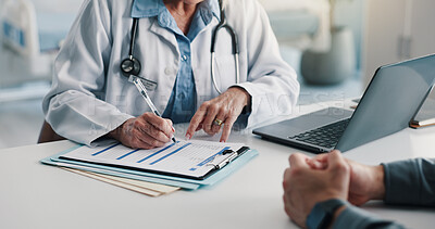 Buy stock photo Clipboard, writing and hands of doctor with man in hospital for discussion on medical diagnosis. Documents, consultation and healthcare worker with male patient in conversation for treatment plan.