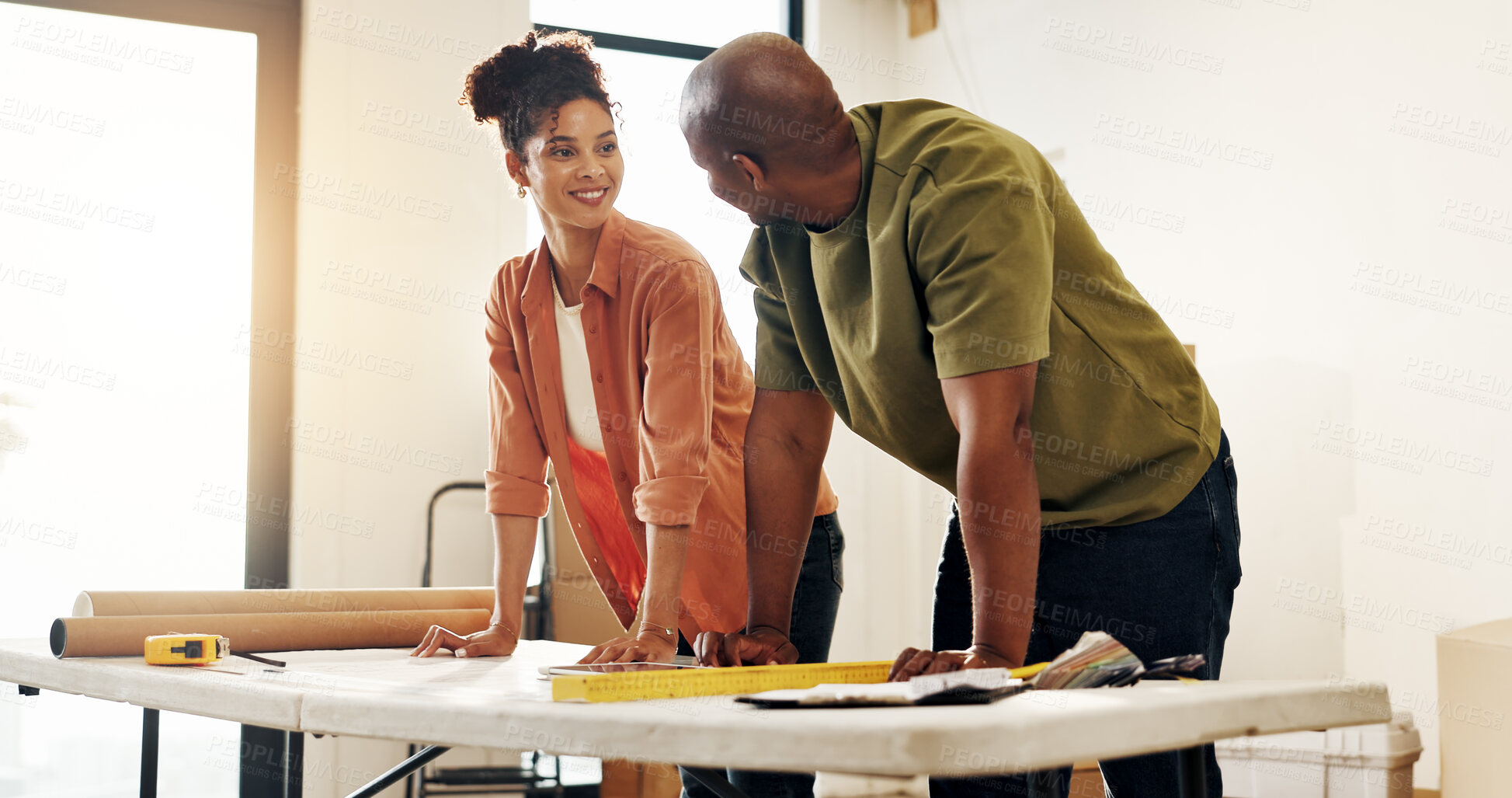 Buy stock photo Interior design, smile and tablet with couple in new home together for diy project or renovation. Conversation, happy and planning with homeowner people in apartment for development or improvement