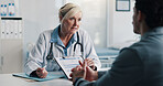Healthcare, doctor and woman with clipboard in appointment, discussion or medical advice for patient. Health professional, talking and explaining diagnosis to person, consultation and help in clinic
