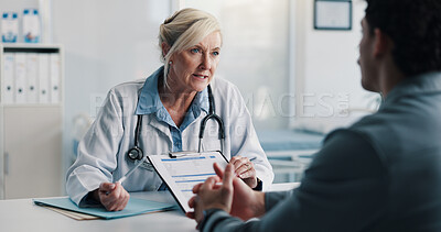 Buy stock photo Healthcare, doctor and woman with clipboard in appointment, discussion or medical advice for patient. Health professional, talking and explaining diagnosis to person, consultation and help in clinic