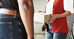 Delivery, giving and hands of people with box for shipping, distribution and courier service to home. Receive, customer and person with parcel, package and product for online shopping or supply chain