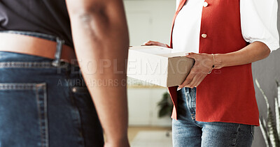 Buy stock photo Delivery, giving and hands of people with box for shipping, distribution and courier service to home. Receive, customer and person with parcel, package and product for online shopping or supply chain