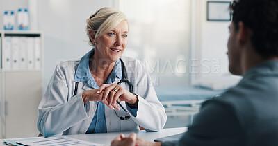 Buy stock photo Healthcare, doctor and happy woman with patient in hospital, talking and medical advice for wellness. Health professional, good news and explaining diagnosis to person, consultation and appointment