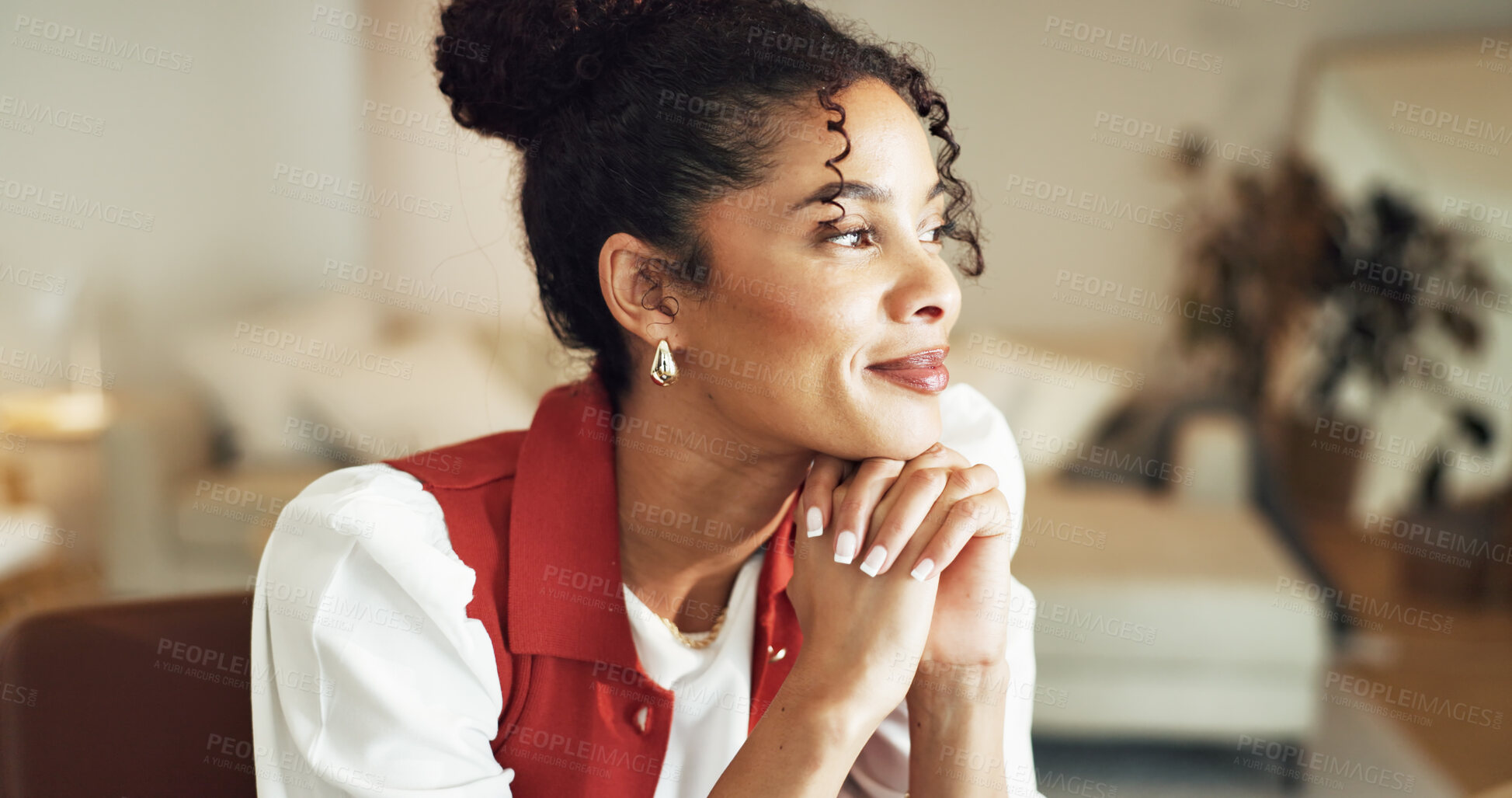 Buy stock photo Thinking, woman and relax in home with smile, peace and planning for weekend break in bedroom. Happy, female person and comfortable at house with vision, reflection and daydreaming for calm morning