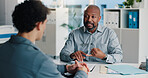 Healthcare, doctor and man with patient, discussion and medical advice for wellness or consultation. Health professional, appointment and explaining diagnosis to person, talking and help in hospital