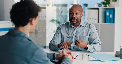 Buy stock photo Healthcare, doctor and man with patient, discussion and medical advice for wellness or consultation. Health professional, appointment and explaining diagnosis to person, talking and help in hospital