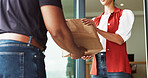 Hands, woman and paper bag delivery at front door for takeaway, lunch order or remote work break. Logistics, courier and freelance customer with package at home for takeout, fast distribution or sale