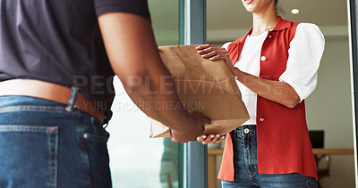 Buy stock photo Hands, woman and paper bag delivery at front door for takeaway, lunch order or remote work break. Logistics, courier and freelance customer with package at home for takeout, fast distribution or sale