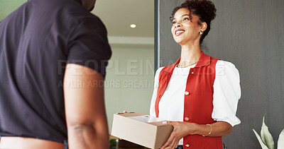 Buy stock photo Delivery, box and woman at front door for shipping, distribution and courier service to home. Receive, happy and man with customer for parcel, package and product for online shopping and supply chain
