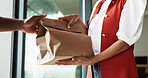 Hands, woman and paper bag delivery in home for takeaway, grocery order or fast distribution. Logistics, courier or customer with package at front door for takeout, meal kit parcel or online shopping