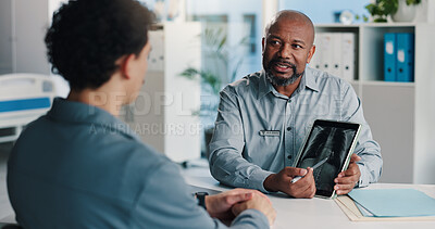 Buy stock photo Consultation, man doctor with xray on tablet screen for chest assessment, lung disease or diagnosis. Cardiology, mature person and patient scan for respiratory infection, tumor or hospital follow up