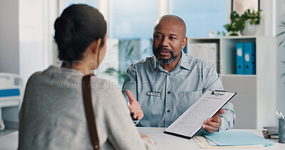 Buy stock photo Healthcare, doctor and man with clipboard in appointment, discussion and medical advice for patient. Health professional, talking and explaining diagnosis to person, consultation and help in hospital