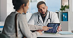Tablet screen, xray and doctor with woman in hospital with consultation for medical diagnosis. Discussion, digital technology and healthcare worker with female patient for radiology scan in clinic.