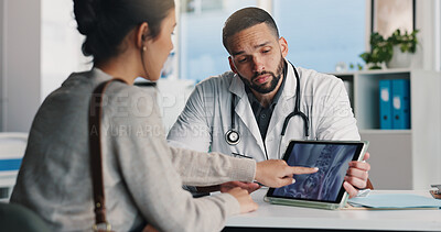 Buy stock photo Tablet screen, xray and doctor with woman in hospital with consultation for medical diagnosis. Discussion, digital technology and healthcare worker with female patient for radiology scan in clinic.