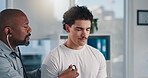 Doctor, healthcare and stethoscope with man in hospital for respiratory appointment or checkup. Breathing, consulting and medical professional with patient for symptoms of asthma or pneumonia