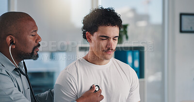 Buy stock photo Doctor, healthcare and stethoscope with man in hospital for respiratory appointment or checkup. Breathing, consulting and medical professional with patient for symptoms of asthma or pneumonia