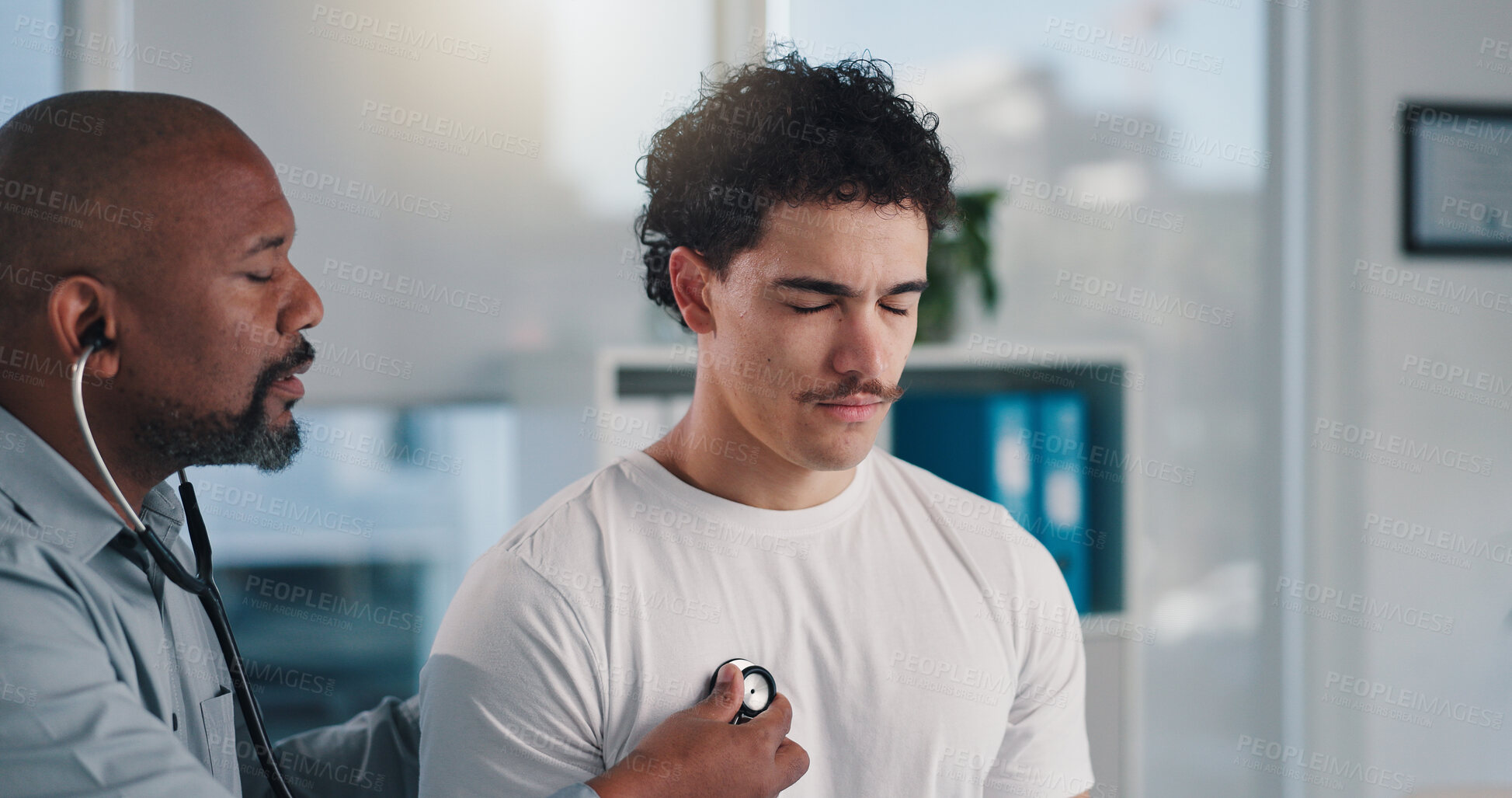 Buy stock photo Doctor, healthcare and stethoscope with man in hospital for respiratory appointment or checkup. Breathing, consulting and medical professional with patient for symptoms of asthma or pneumonia