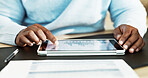 Tablet, chart and hands of man in home for finance review, budget planning and remote work. WFH, screen and person with insight, tech and research for financial report, investment and profit growth
