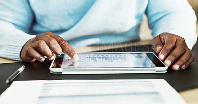 Buy stock photo Tablet, chart and hands of man in home for finance review, budget planning and remote work. WFH, screen and person with insight, tech and research for financial report, investment and profit growth