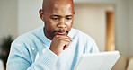 Tablet, thinking and black man in home with remote work for research on frontend development. Ideas, digital technology and African male software engineer with creative project for freelance career.