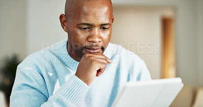 Buy stock photo Tablet, thinking and black man in home with remote work for research on frontend development. Ideas, digital technology and African male software engineer with creative project for freelance career.