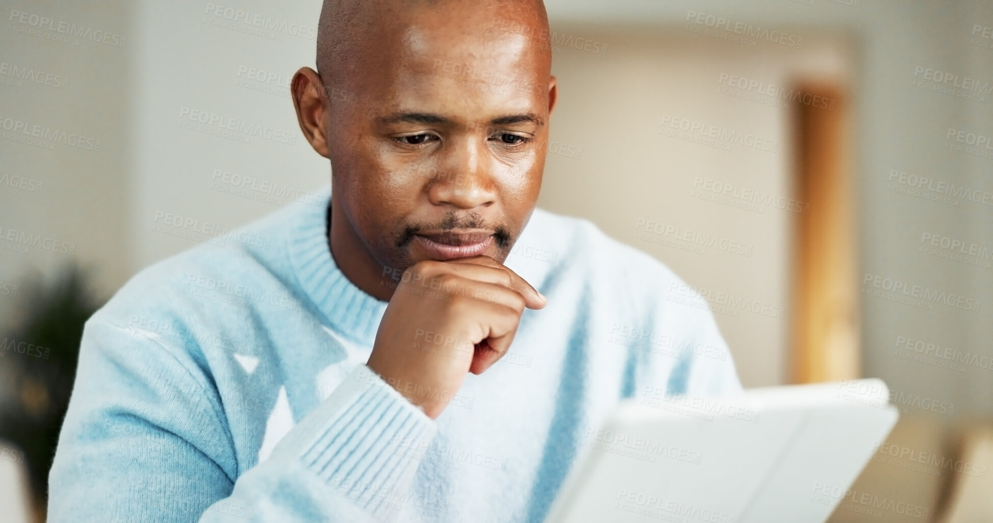 Buy stock photo Tablet, thinking and black man in home with remote work for research on frontend development. Ideas, digital technology and African male software engineer with creative project for freelance career.
