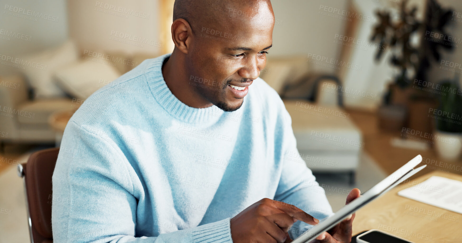 Buy stock photo Tablet, happy and black man in home with remote work for research on frontend development. Smile, digital technology and African male software engineer with creative project for freelance career.