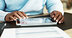 Tablet, graph and hands of man in home for finance review, budget planning and remote work. WFH, screen and person with statistics, tech and research for financial report, investment or profit growth
