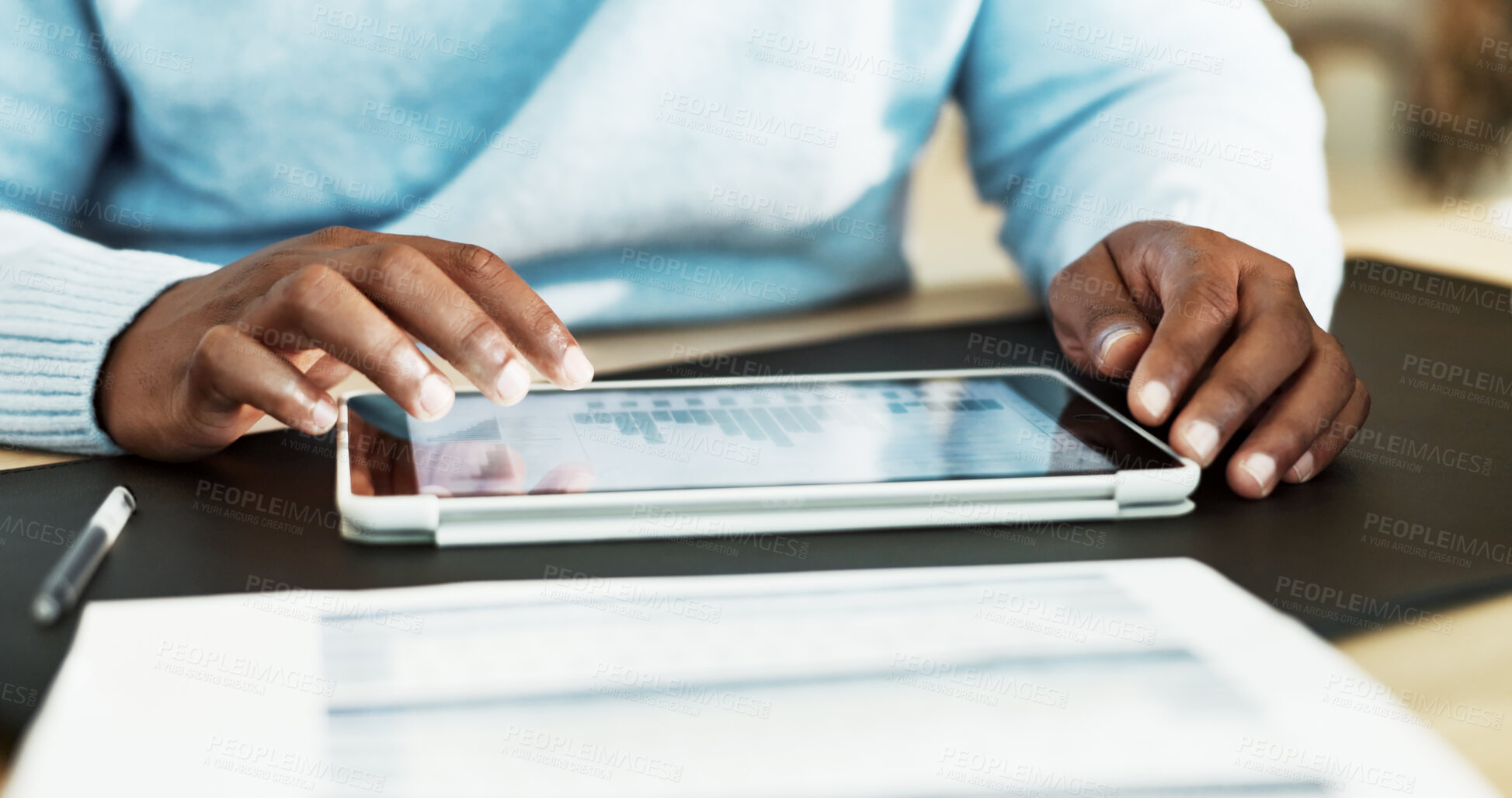 Buy stock photo Tablet, graph and hands of man in home for finance review, budget planning and remote work. WFH, screen and person with statistics, tech and research for financial report, investment or profit growth